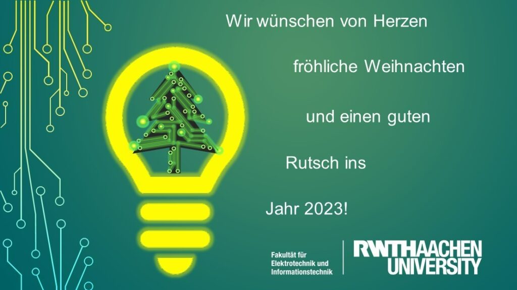 Eine Weihnachtskarte der Fakultät der Elektrotechnik und der Informationstechnik, welche geschmückt ist mit Glühbirne, die eine Platine in Form eines Tannenbaumes erleuchtet.