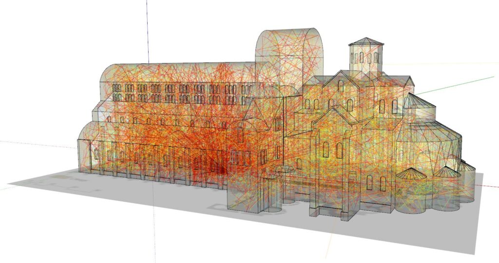 Visualization of the acoustic simulation of a virtual replica of the historical church of Cluny.