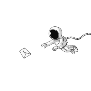 Cartoon astronaut with message flying away