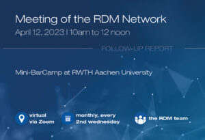The photo represents the key points such as date, topic, etc. for the open meeting oft he RDM network on April 12, 2023
