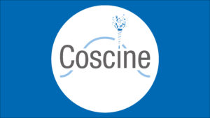 Coscine logo on dark blue background with confetti bag as i-dot