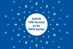Weißer Kreis in dem "Zentrale FDM-Services der RWTH Aachen steht" mit drumherum angeordneten Piktogrammen