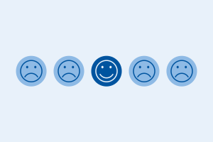 Fröhliche und traurige Emoticons auf blauem Hintergrund / Coscine-Umfrage