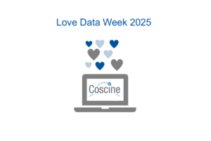 Love Data Week. Blaue und graue Herzen. Darunter ein Laptop, auf dem das Coscine-Logo zu sehen ist.