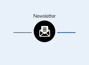 Coscine newsletter.Light blue background, black circle with a white letter symbol inside. A horizontal gray line to the left and a dark blue line to the right.