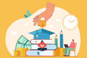 Eine Hand lässt eine Münze auf eine Abschlusskappe fallen, die auf gestapelten Büchern liegt. Eine Frau liest, ein Mann benutzt einen Laptop, um sie herum liegen Geld, Stifte und eine Uhr.