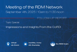 Information on a blue background about the FDM network meeting with the title Impressions and insights from CoRDI and the date, September 4, 2025.