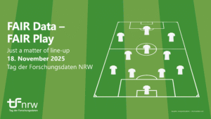 Soccer field with eleven players on the field. Information about Research Data Day is displayed next to the field.