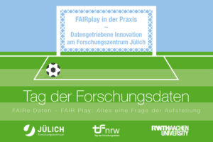 Fußballplatz mit Fußballtor in dem der Titel " FAIRplay in der Praxis – Datengetriebene Innovation am Forschungszentrum Jülich" steht