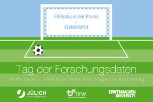 Fußballplatz mit Fußballtor in dem der Titel " FAIRplay in der Praxis – ELN@RWTH" steht