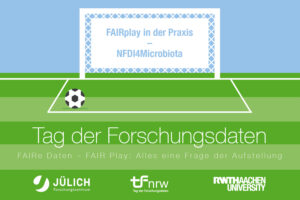 Fußballplatz mit Fußballtor in dem der Titel " FAIRplay in der Praxis – NFDI4Microbiota" steht