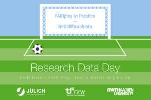Soccer field with soccer goal displaying the title “FAIRplay in Practice – NFDI4Microbiota”