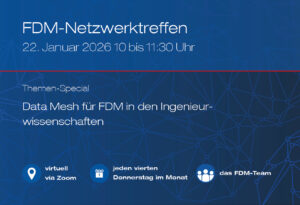 Eckdaten wie Datum, Titel, Ort etc. zum FDM-Netzwerktreffen am 22. Januar 2026 mit Vernetzungsstruktur im Hintergrund