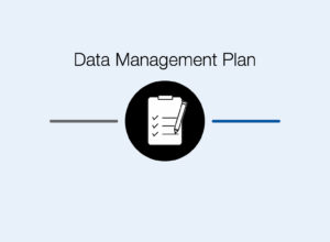 Text Data management plan above a black circle, in which a clipboard icon with a checklist and a large pen can be seen next to it.