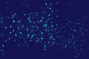 Ein dunkelblauer Hintergrund mit miteinander verbundenen blauen Punkten und Linien, die ein abstraktes Netzwerkmuster bilden.