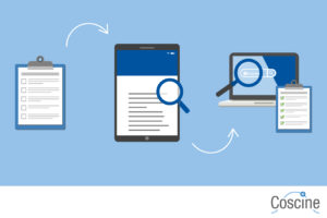 An illustration of a desk pad, a tablet with a magnifying glass, and a laptop with a magnifying glass, depicting a workflow, with the Coscine logo in the corner.