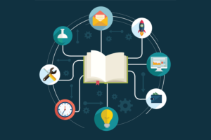 An open book in the center, connected with symbols representing science, email, a rocket, a computer, a wallet, a light bulb, a clock, and tools.