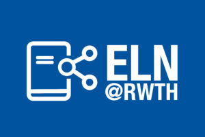 Schriftzug „ELN@RWTH“ mit Dokument- und Netzwerk-Symbol auf blauem Hintergrund.