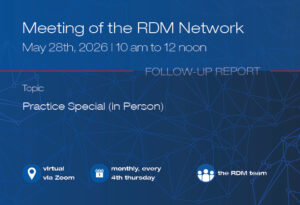 Key data such as date, title, location, etc. for the RDM network meeting on April 23, 2026, with networking structure in the background
