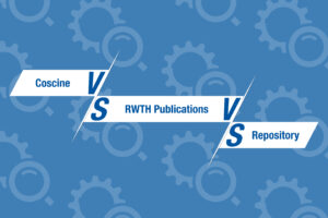 Blaues Grafikbanner mit Text: „Coscine VS RWTH Publications VS Repository“ auf weißen Balken mit diagonalen Trennlinien und Zahnrad-Symbolen im Hintergrund.