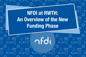 A blue banner with the text “NFDI at RWTH: An Overview of the New Funding Phase” and the round NFDI logo at the bottom.