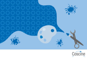 An abstract blue graphic featuring splashes of color, a painter's palette, a paintbrush, and a wrench; the "Coscine" logo appears in the lower right corner.