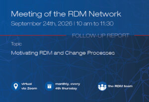 White text onblue background: "Meeting of the RDM Network; September 24th, 2026; 10am to 11:30; Follow-up report; Topic: Motivating RDM and Change Processes; virtual via Zoom; monthly, every 4th thursday; the RDM team
