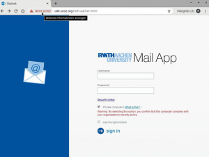 Augen auf beim Surfen: Gefälschte Weboberfläche der RWTH Mail App. Der jüngste Phishing-Versuch. Die URL zeigt eindeutig, dass es sich nicht um eine offizielle RWTH-Webanwendung handelt.