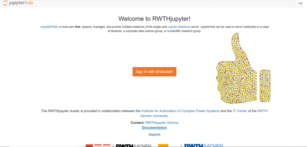 RWTHjupyter für Angehörige der RWTH. Der Login ist ganz einfach über den RWTH Single Sign-On möglich.