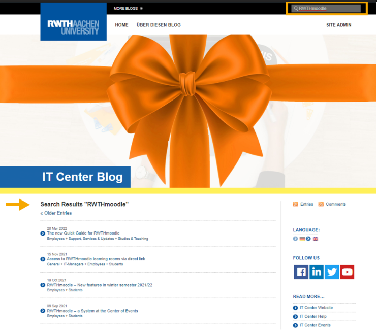Screenshot of the search function in the IT Center Blog
