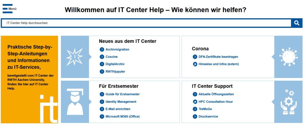 Screenshot of the home page of IT Center Help