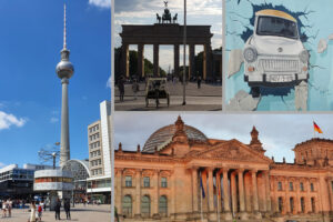 Collage aus Brandenburger Tor, Alex, Regierungsgebäude, Berliner Mauer