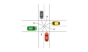 Four colorful vehicles drive towards an intersection at the same time