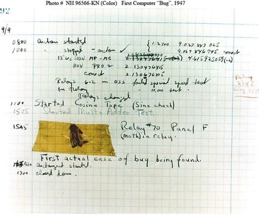 Picture of the logbook entry with probably the first computer bug