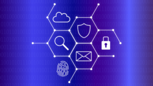 IT security symbols: cloud, magnifying glass, fingerprint, keyhole, email, cryptographic key