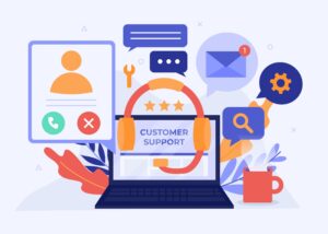 customer support illustration with small colorful images like search function, headphones and a laptop.