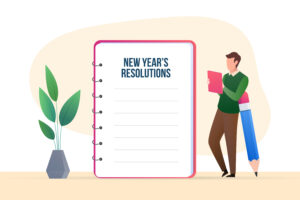 Notepad with title "New Year's Resolutions" and human figure leaning on pencil