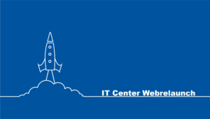 Blue background with inscription "IT Center Webrelaunch" and drawing of white rocket