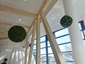 Green balls from hanging from the ceiling