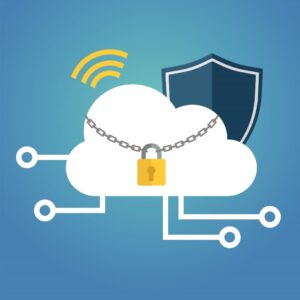 Drawing of a cloud surrounded by lock, shield, and wifi symbol