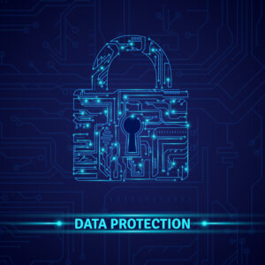 Titel Data Protection mit einem großen digitalen Schloss auf blauem Hintergrund. 