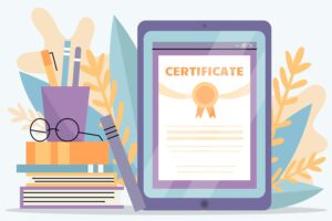 Drawing of a certificate on a tablet and office supplies