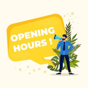 Opening Hours in einer gelben Sprechblase
