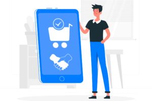 Vector standing next to phone illustration with cart icon