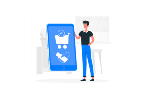 Vector standing next to phone illustration with cart icon