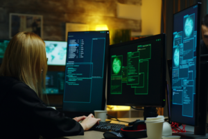 A woman focused on computer code, engaged in hacking activities.
