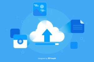 Weiße Cloud als Speichersymbol mit Datei-Icons drum herum