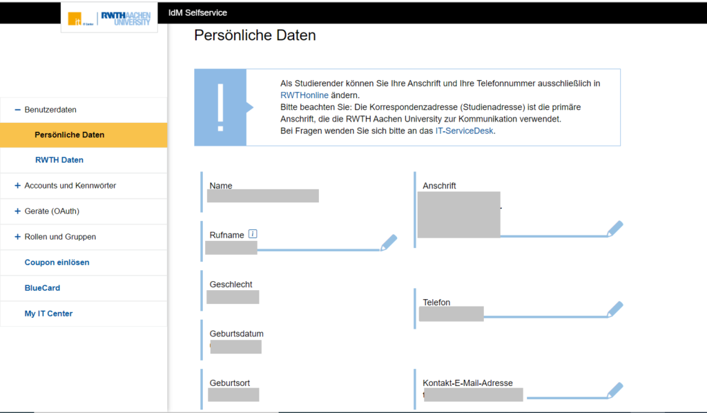 Persönliche Daten im IdM Selfservice