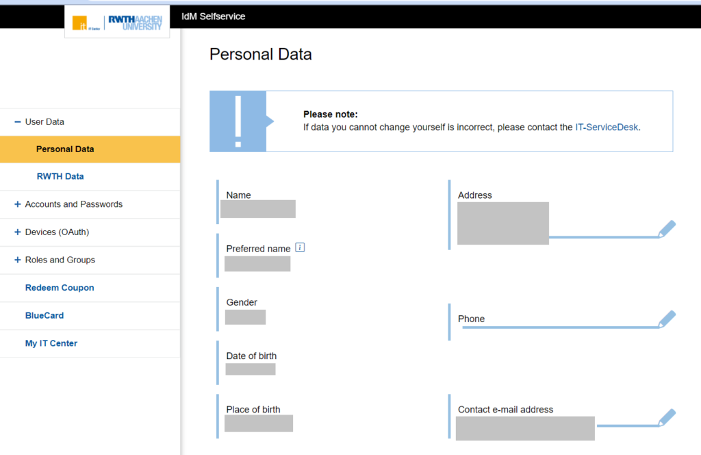 Personal Data in IdM Selfservice