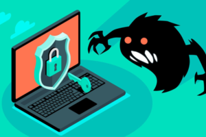 Monster mit Schlüssel vor gesichertem Computer